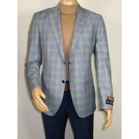 Men's Mono Turkey Sport Coat 100% Super 180s Wool 1522-02 Blue Brown Plaid