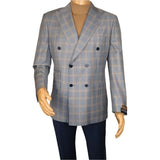 Men's Mono Double Breasted Blazer Super 180s Wool 1523-02 Blue Brown Plaid