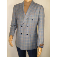 Men's Mono Double Breasted Blazer Super 180s Wool 1523-02 Blue Brown Plaid