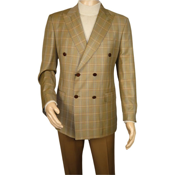 Men's Mono Double Breasted Blazer Super 180s Wool 1523-05 Camel Brown Plaid