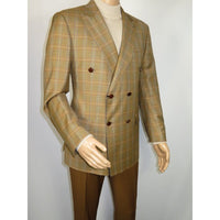 Men's Mono Double Breasted Blazer Super 180s Wool 1523-05 Camel Brown Plaid