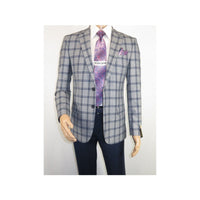 Men Sport Coat by Berlusconi Turkey Soft European Plaid #MK80 05 gray blue