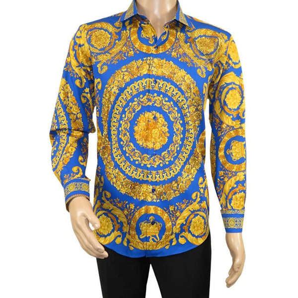 Men's AVM Crystal Shirt Medallion Medusa Cotton Slim Fit 9628-06 Royal Blue