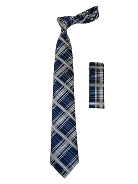 Mens Narrow Tie/Hankie Set Microfiber Silky Vito Rofolo VTR-92 Blue White Plaid