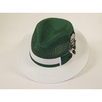 Men's Belvedere 2-Tone Straw Style Fedora Hat Snap Brim BD953 Emerald White