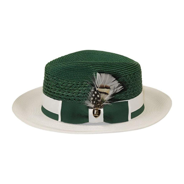 Men's Belvedere 2-Tone Straw Style Fedora Hat Snap Brim BD953 Emerald White