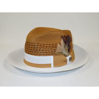 Men's Belvedere 2-Tone Straw Style Fedora Hat Snap Brim BD954 Gold/White