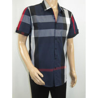 Men's Sports Shirt Clavi By Moderno Checker Plaid Short Sleeves CJSS-203 Navy