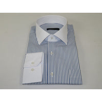 Men's Shirt MARCUZZI Turkey 100% Cotton Marc4 Navy Stripe White Collar and Cuffs