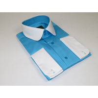 Men 100% Cotton Shirt CIERO MONTERO Turkey #STN 066 Teal/White Collar Slim Fit - J.Valintin Men's Wear Legend - 101043