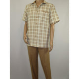 Men 2pc Walking Leisure Suit Short Sleeves By DREAMS Checker 282 - 03 Tan - J.Valintin Men's Wear Legend - 282 - 03 Tan - M