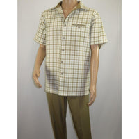 Men 2pc Walking Leisure Suit Short Sleeves By DREAMS Checker 283 - 03 Tan - J.Valintin Men's Wear Legend - 283 - 03 Tan - M