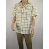 Men 2pc Walking Leisure Suit Short Sleeves By DREAMS Checker 283 - 03 Tan - J.Valintin Men's Wear Legend - 283 - 03 Tan - M