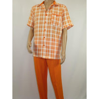 Men 2pc Walking Leisure Suit Short Sleeves DREAMS Checker 282 - 18 Orange - J.Valintin Men's Wear Legend - 282 - 18 Orange - M