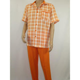 Men 2pc Walking Leisure Suit Short Sleeves DREAMS Checker 282 - 18 Orange - J.Valintin Men's Wear Legend - 282 - 18 Orange - M