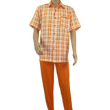 Men 2pc Walking Leisure Suit Short Sleeves DREAMS Checker 282 - 18 Orange - J.Valintin Men's Wear Legend - 282 - 18 Orange - M