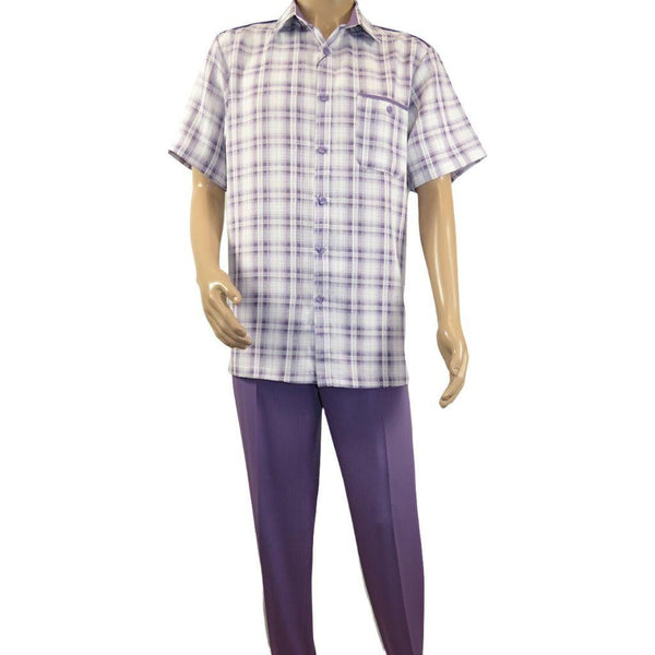 Men 2pc Walking Leisure Suit Short Sleeves DREAMS Checker 282 - 19 Lavender - J.Valintin Men's Wear Legend - 282 - 19 Lavender - M