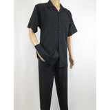 Men 2pc Walking Leisure Suit Short Sleeves DREAMS Plaid Satin 253 - 00 Black - J.Valintin Men's Wear Legend - 253 - 00 Black - M