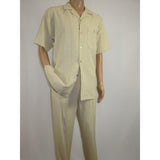 Men 2pc Walking Leisure Suit Short Sleeves DREAMS Plaid Satin 253 - 13 Sand - J.Valintin Men's Wear Legend - 253 - 13 Sand - M