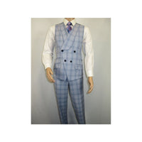 Men Apollo King 3pc Suit Window Pane Plaid 100% Soft Wool Super 150 #985 - 12 Blue - J.Valintin Men's Wear Legend - 99457