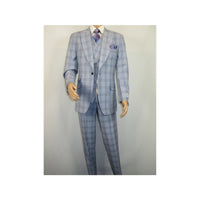 Men Apollo King 3pc Suit Window Pane Plaid 100% Soft Wool Super 150 #985 - 12 Blue - J.Valintin Men's Wear Legend - 99457