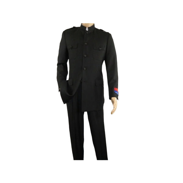 Men Apollo King Banded Collarless suit Mandarin Military Style 5button K1 Black - J.Valintin Men's Wear Legend - 19000