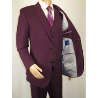 Men BERRAGAMO 3pc Suit Vested Plain front Pants Side Vents Formal A6732 Burgundy - J.Valintin Men's Wear Legend - 71737