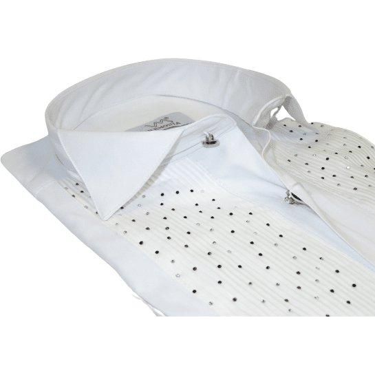 Men CEREMONIA Tuxedo Shirt Rhinestone Cotton Turkey #Milano 13 White Wing Tip - J.Valintin Men's Wear Legend - 101151