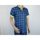 Men INSERCH premium Soft Cool Linen 2pc Walking Leisure suit 7098 Blue Plaid - J.Valintin Men's Wear Legend - 100696