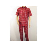 Men INSERCH premium Soft Cool Linen 2pc Walking Leisure suit 7098 Red Plaid - J.Valintin Men's Wear Legend - 100703