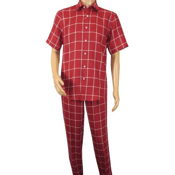 Men INSERCH premium Soft Cool Linen 2pc Walking Leisure suit 7098 Red Plaid - J.Valintin Men's Wear Legend - 100703