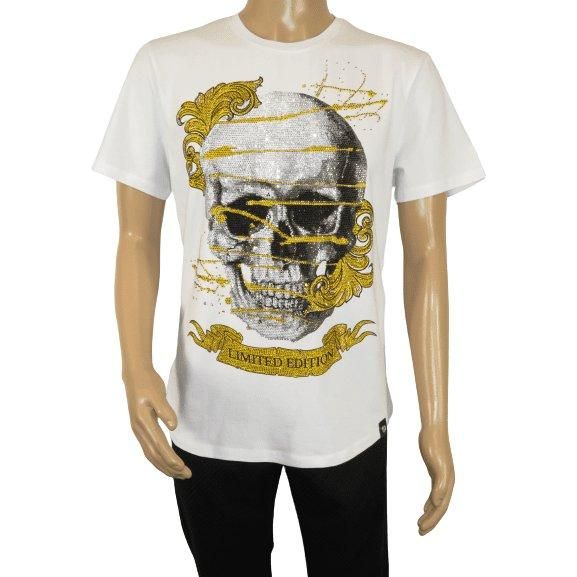 Men LAVERITA European Fashion Crew Shirt Rhine Stones Skeletons 93356 White - J.Valintin Men's Wear Legend - 99927