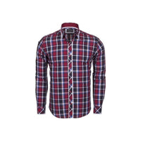 Men Makrom Turkey Soft Cotton Shirt 5403 - 02 English Plaid Wine Blue Slim Fit New - J.Valintin Men's Wear Legend - 3033