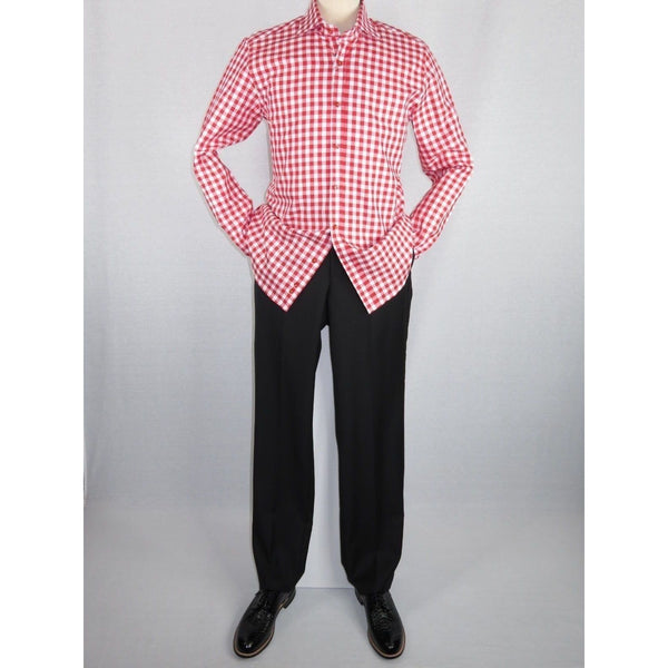 Men Oscar Banks All Cotton Shirt English Spread Collar Plaid Checker 5949 Red - J.Valintin Men's Wear Legend - 74234