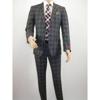 Men RENOIR Suit Two Button Business Formal Slim Fit 294 - 15 Gray English Plaid - J.Valintin Men's Wear Legend - 97670