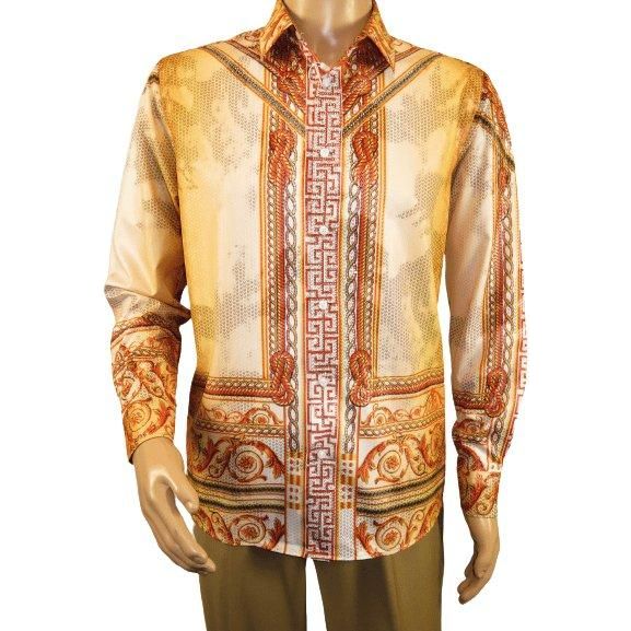 Men Sports Shirt PAZO by DE - NIKO Long Sleeves Medallion Print Soft DNK6903 Gold - J.Valintin Men's Wear Legend - 100613