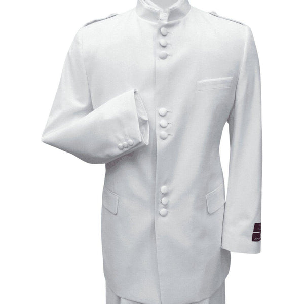 Mens Apollo King Banded Collarless suit Chinese Mandarin Wide leg AG98 White - J.Valintin Men's Wear Legend - 31653