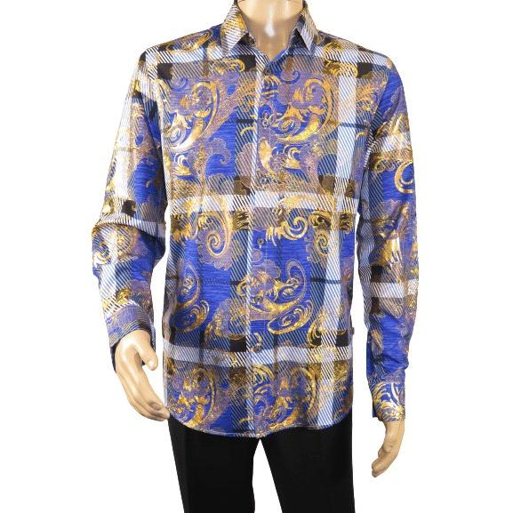 Mens Stacy Adams Fancy Foil Metallic Print Sports Shirt Stage Singer 4943 Blue - J.Valintin Men's Wear Legend - 97783