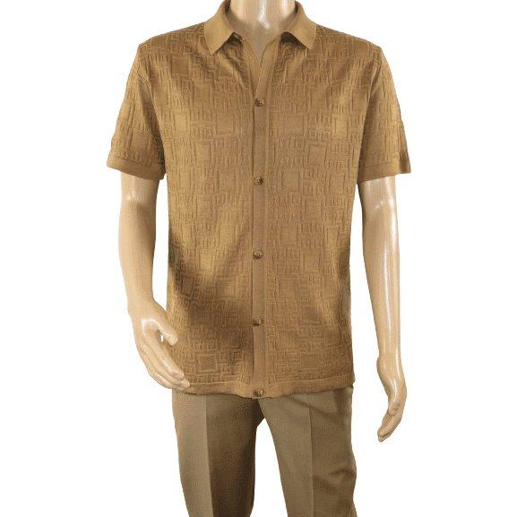 Mens Stacy Adams Italian Style Knit Woven Shirt Short Sleeves 3128 Cafe Brown - J.Valintin Men's Wear Legend - 94894