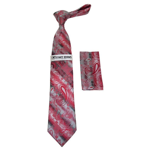 Men's Stacy Adams Necktie and Hankie Set Fancy Design Silky Look SAT44 Red - J.Valintin Men's Wear Legend - sat44