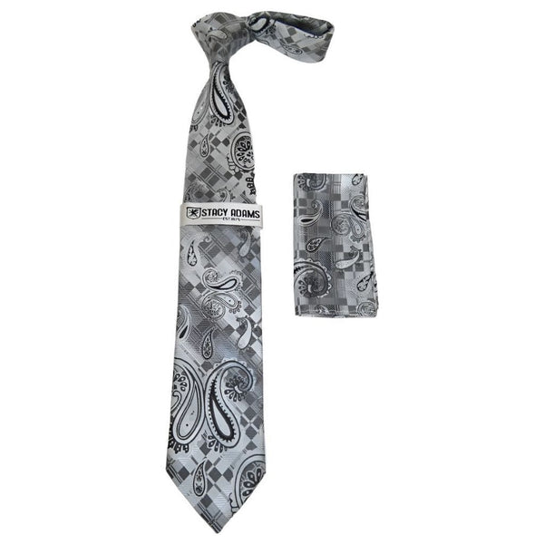 Men's Stacy Adams Necktie and Hankie Set Fancy Design Silky Look SAT7 Gray - J.Valintin Men's Wear Legend - sat7