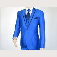 Mens Tuxedo Formal Suit ROYAL DIAMOND Slim Fit 3Pc Vested shiny Satin SL83 Blue - J.Valintin Men's Wear Legend - 8137