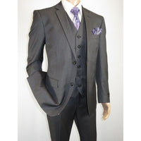 Mens Vitali Three Piece Suit Vested Semi Shiny Sharkskin M3090 Charcoal Gray - J.Valintin Men's Wear Legend - 73683