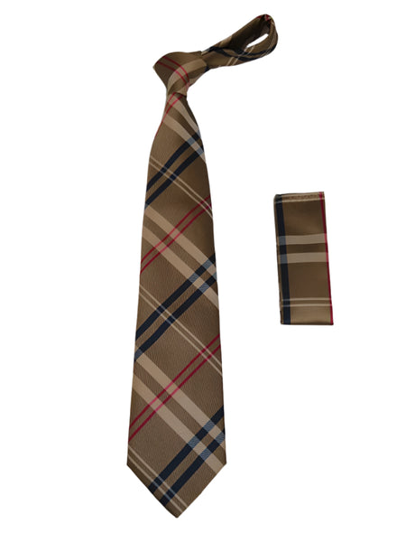 Men's Tie/Hankie Soft Microfiber Silky Vito Rofolo by J.Valintin VTR-87 Brown Plaid