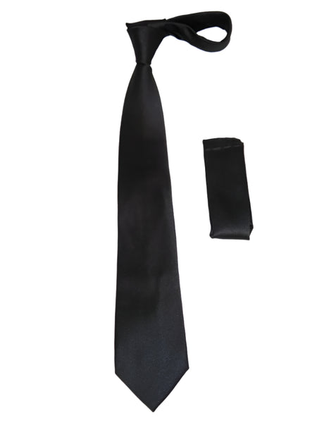 Mens Narrow Tie/Hankie Set Microfiber Silky Vito Rofolo VTR-90 Solid Black